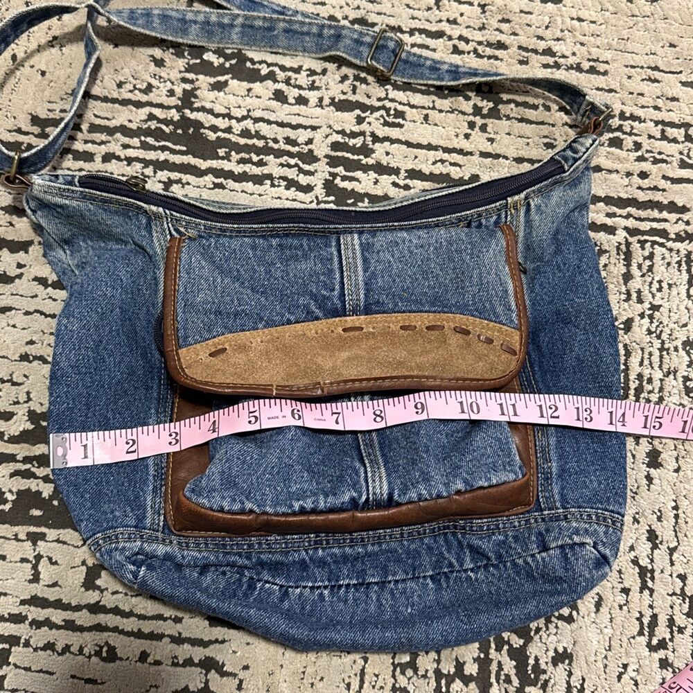 Denim Jean Shoulder Hobo Bag Purse Jean Pockets Leather Y2K Vintage Retro Hippie - Picture 15 of 16